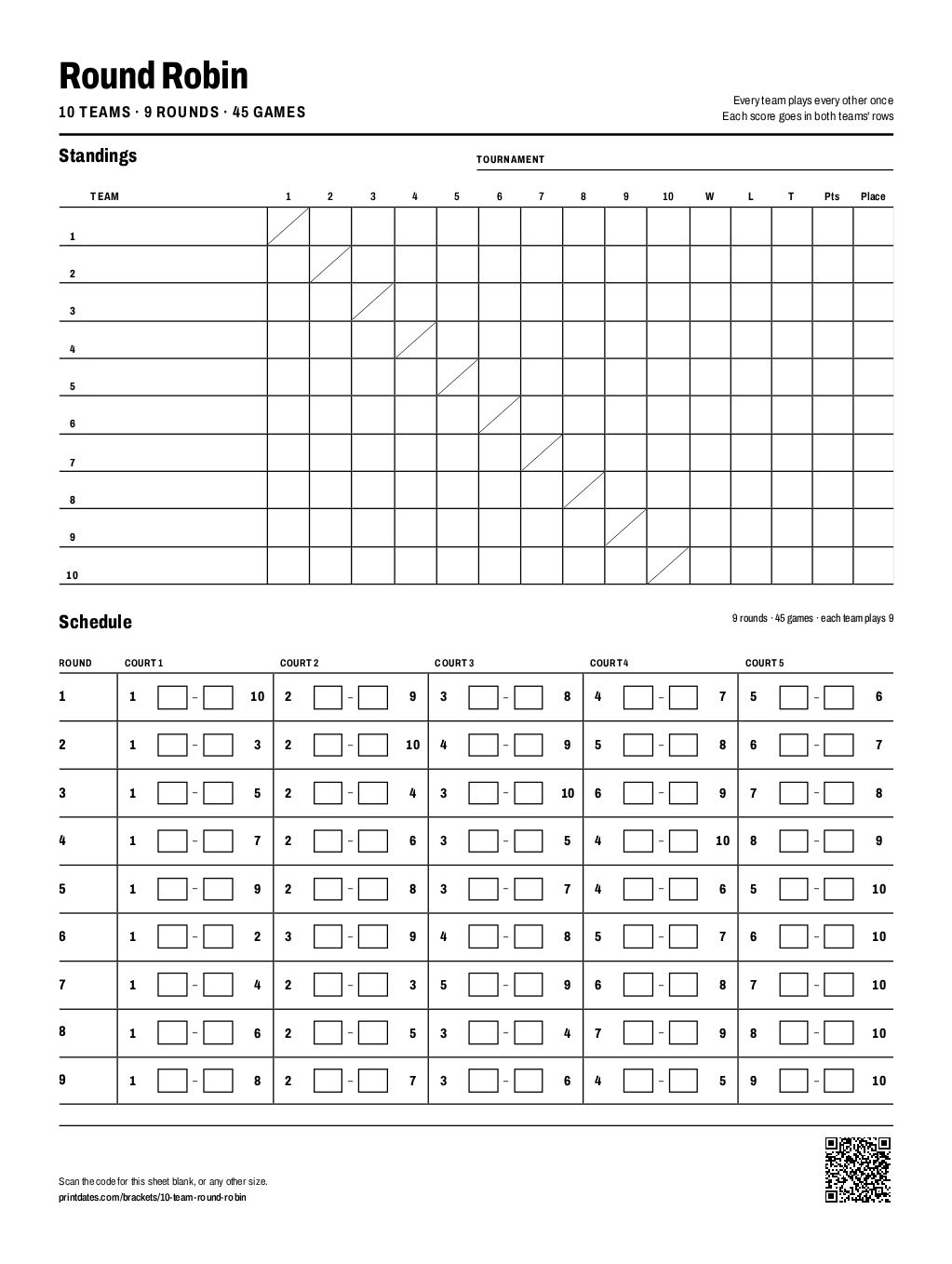 10 team round robin schedule: a standings grid and 9 rounds on one printable page