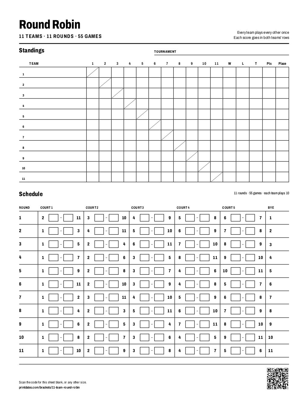 11 team round robin schedule: a standings grid and 11 rounds on one printable page