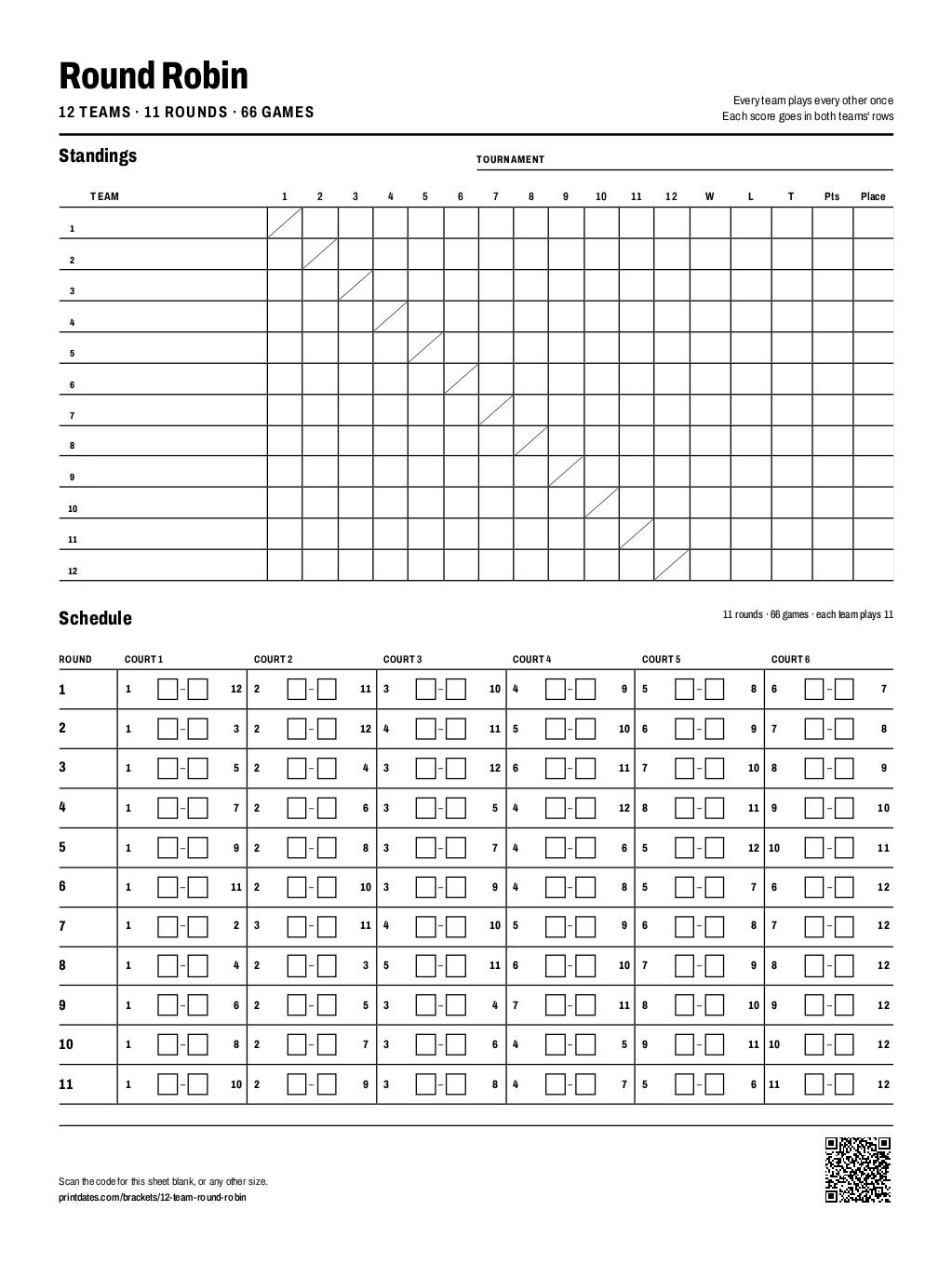 12 team round robin schedule: a standings grid and 11 rounds on one printable page