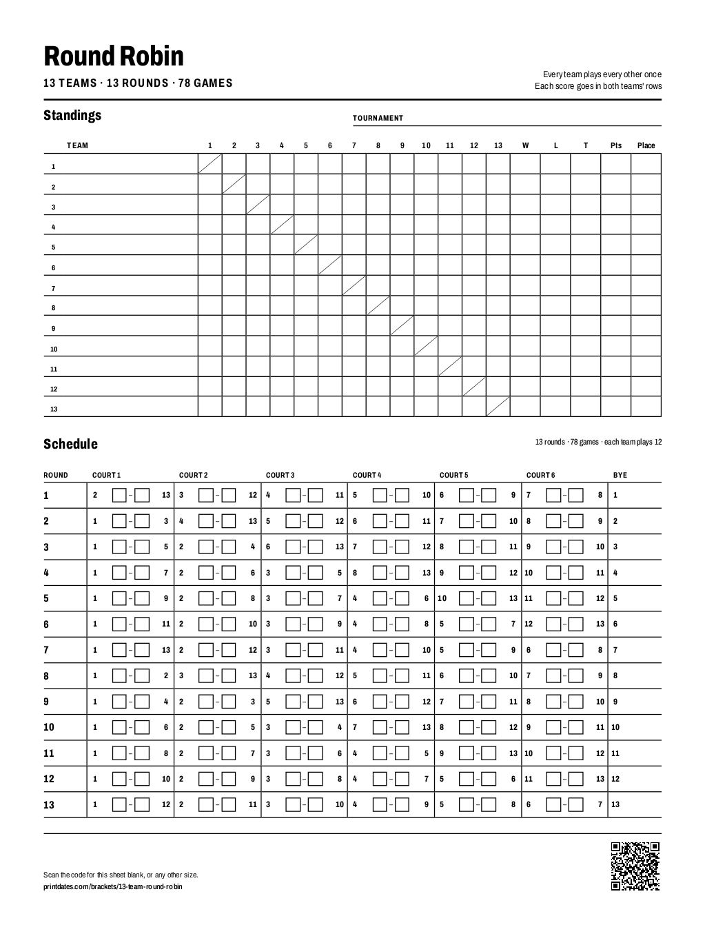13 team round robin schedule: a standings grid and 13 rounds on one printable page