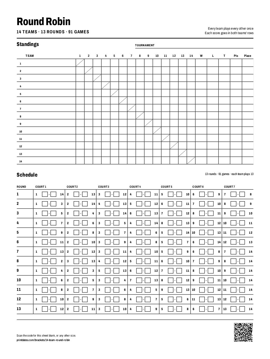 14 team round robin schedule: a standings grid and 13 rounds on one printable page