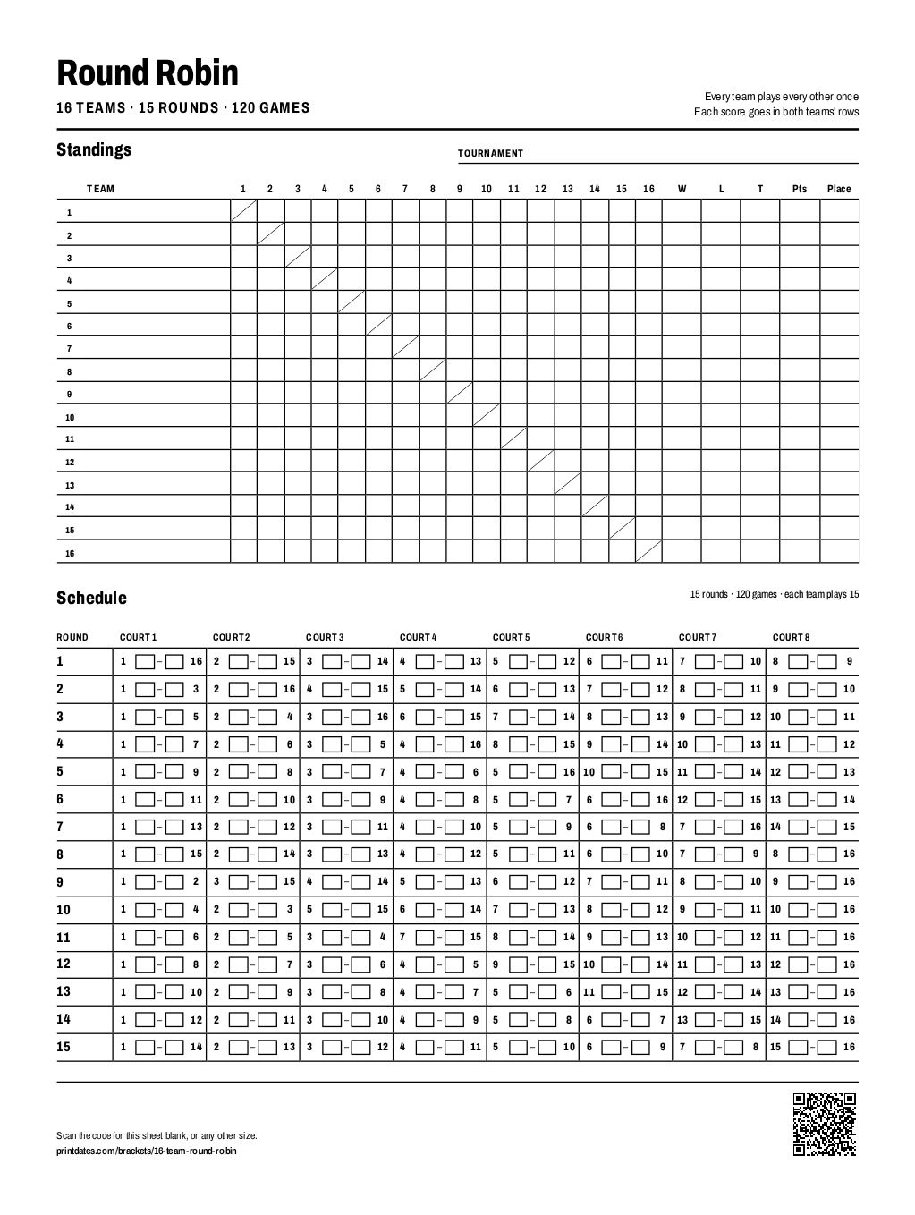 16 team round robin schedule: a standings grid and 15 rounds on one printable page
