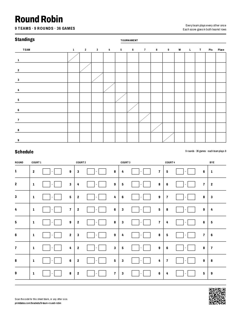 9 team round robin schedule: a standings grid and 9 rounds on one printable page