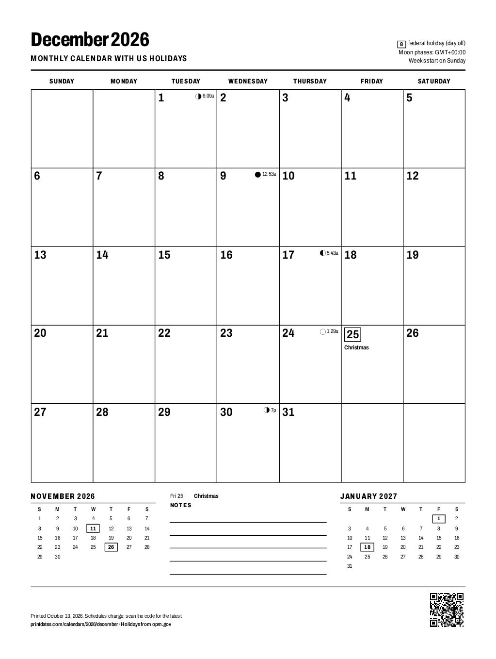 December 2026 calendar: one printable page with room to write