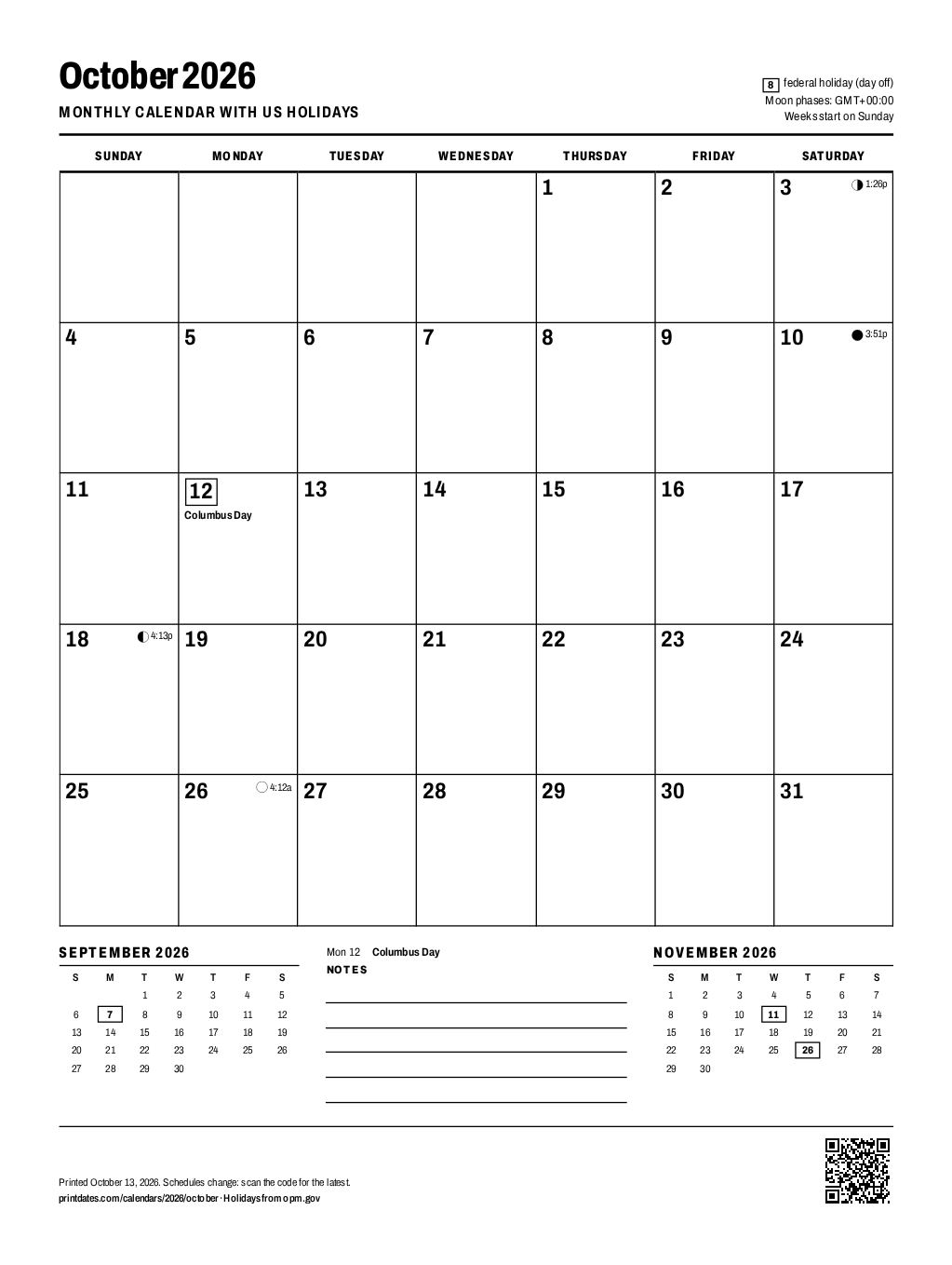 October 2026 calendar: one printable page with room to write