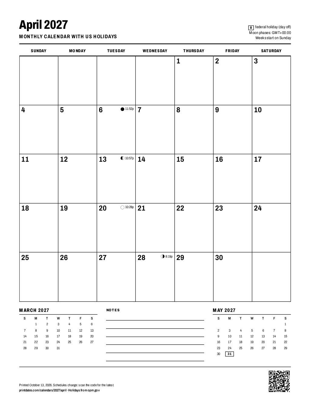 April 2027 calendar: one printable page with room to write