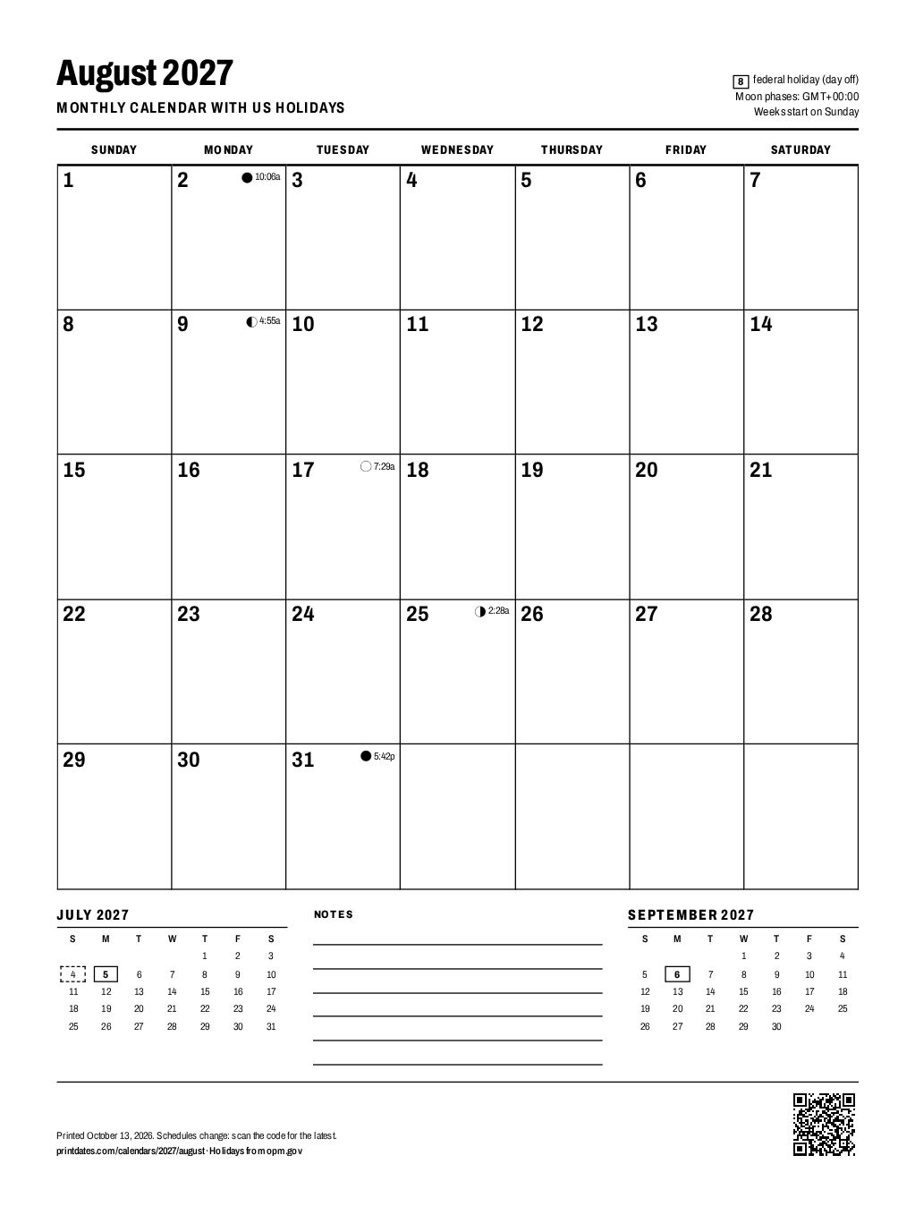 August 2027 calendar: one printable page with room to write