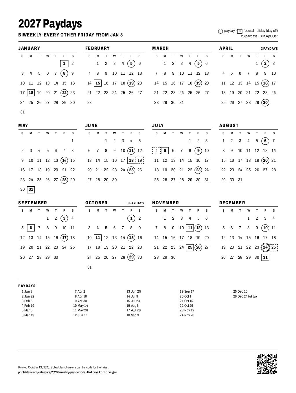2027 biweekly payday calendar: every payday on one printable page