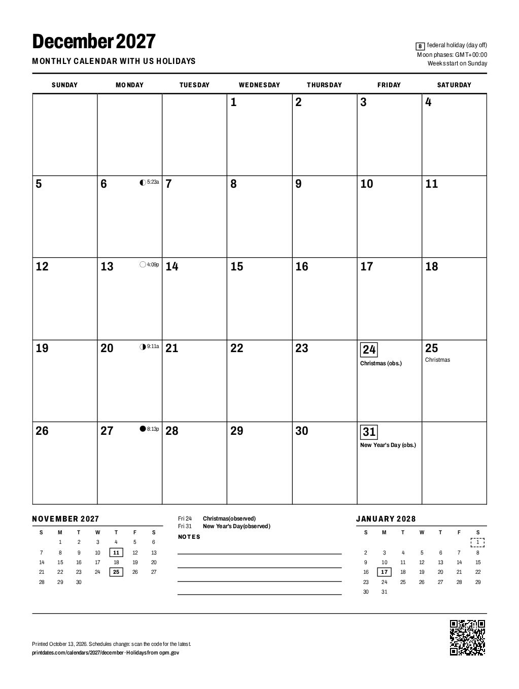 December 2027 calendar: one printable page with room to write