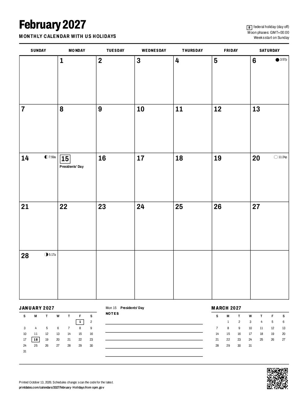 February 2027 calendar: one printable page with room to write