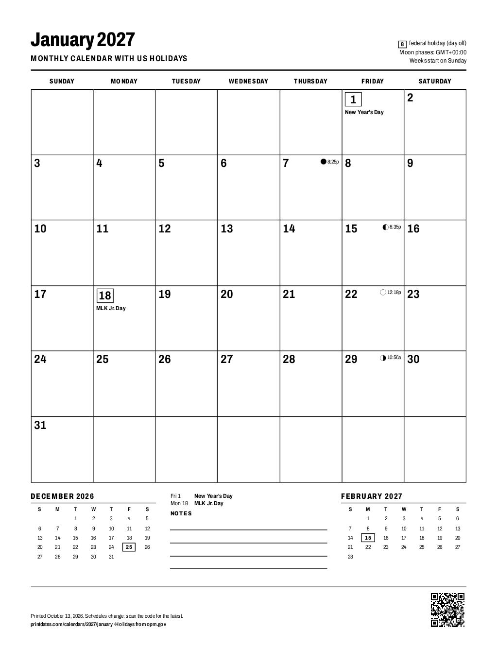 January 2027 calendar: one printable page with room to write