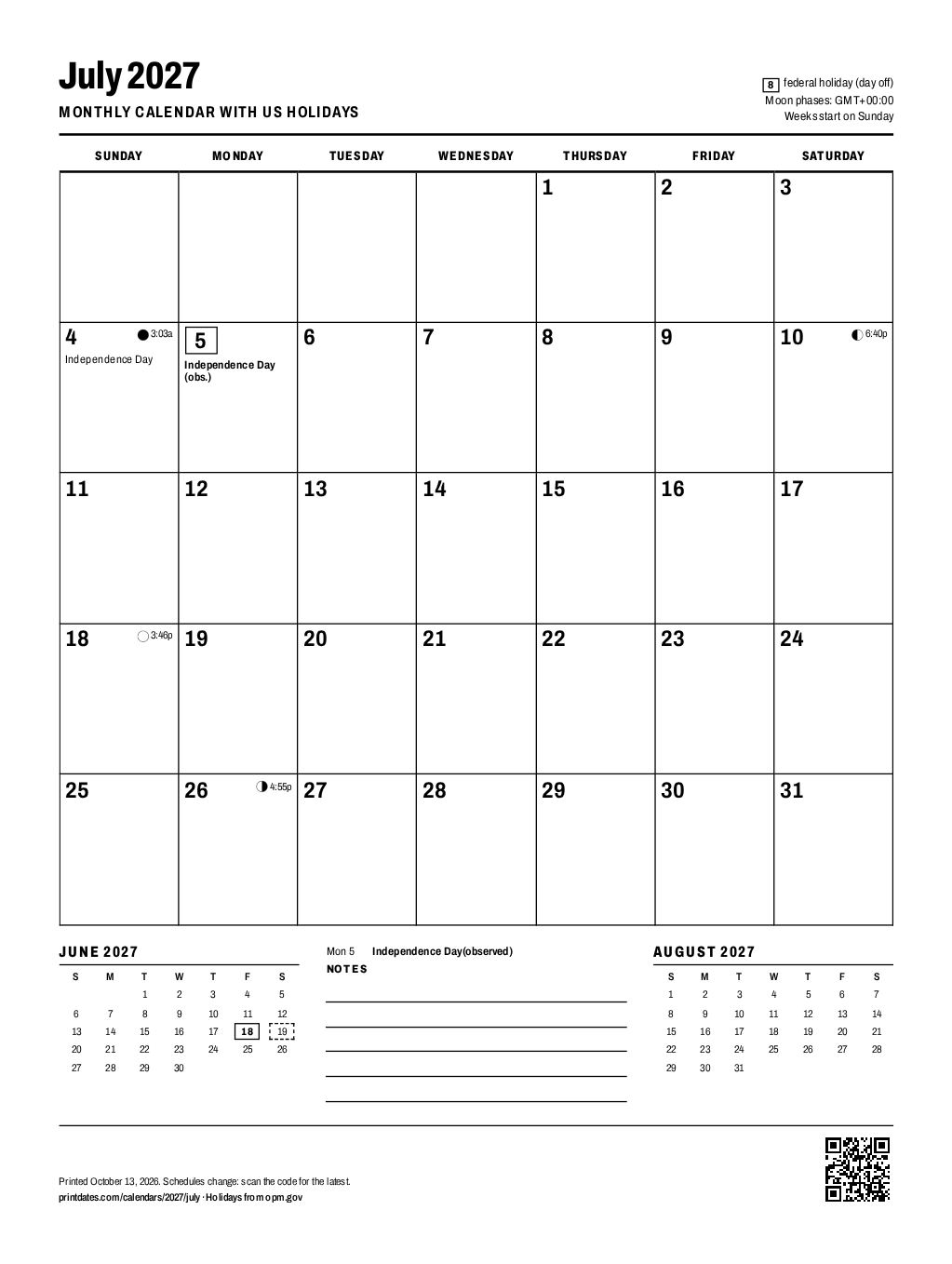 July 2027 calendar: one printable page with room to write