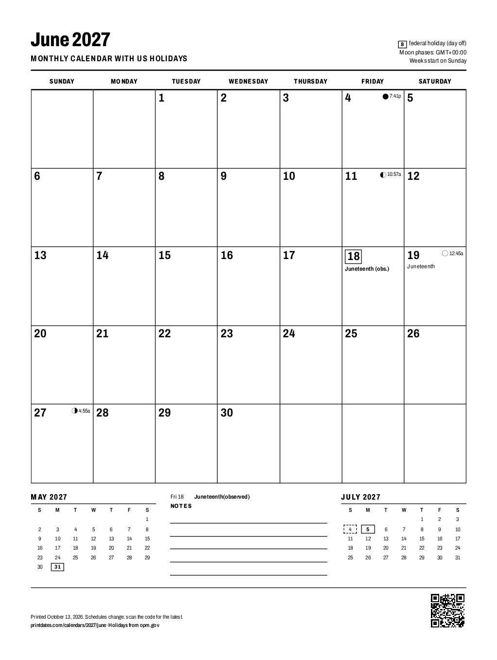 June 2027 calendar: one printable page with room to write