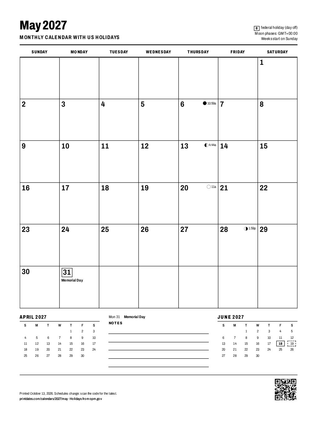May 2027 calendar: one printable page with room to write