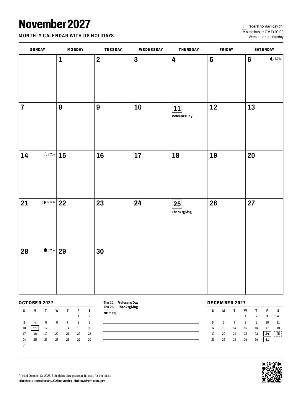 November 2027 calendar: one printable page with room to write