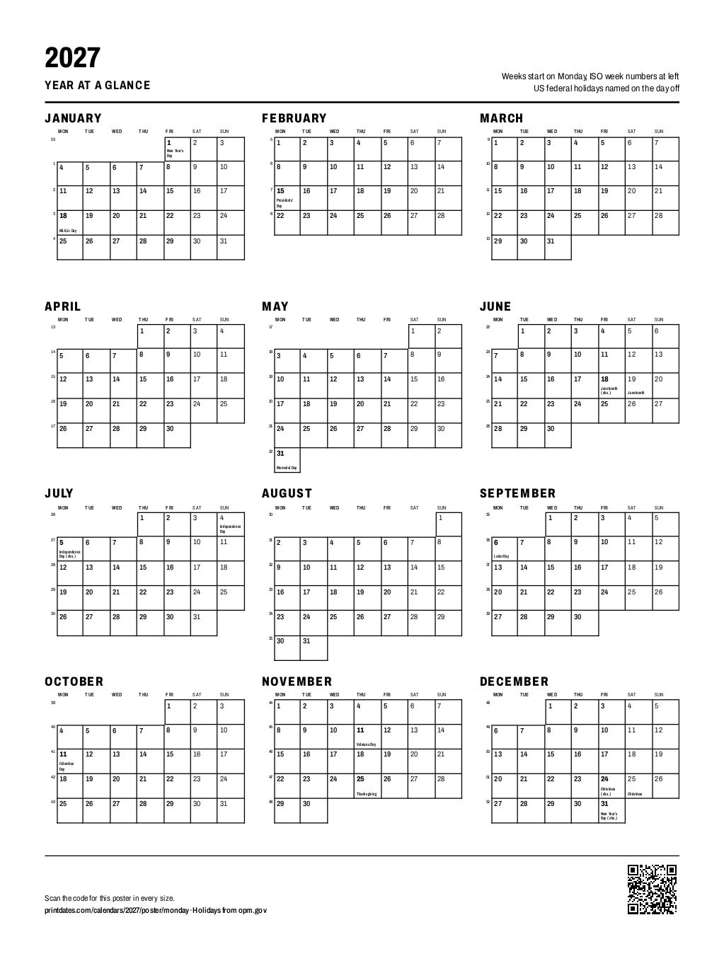 2027 year-at-a-glance wall poster: 12 months with room to write, weeks from Monday