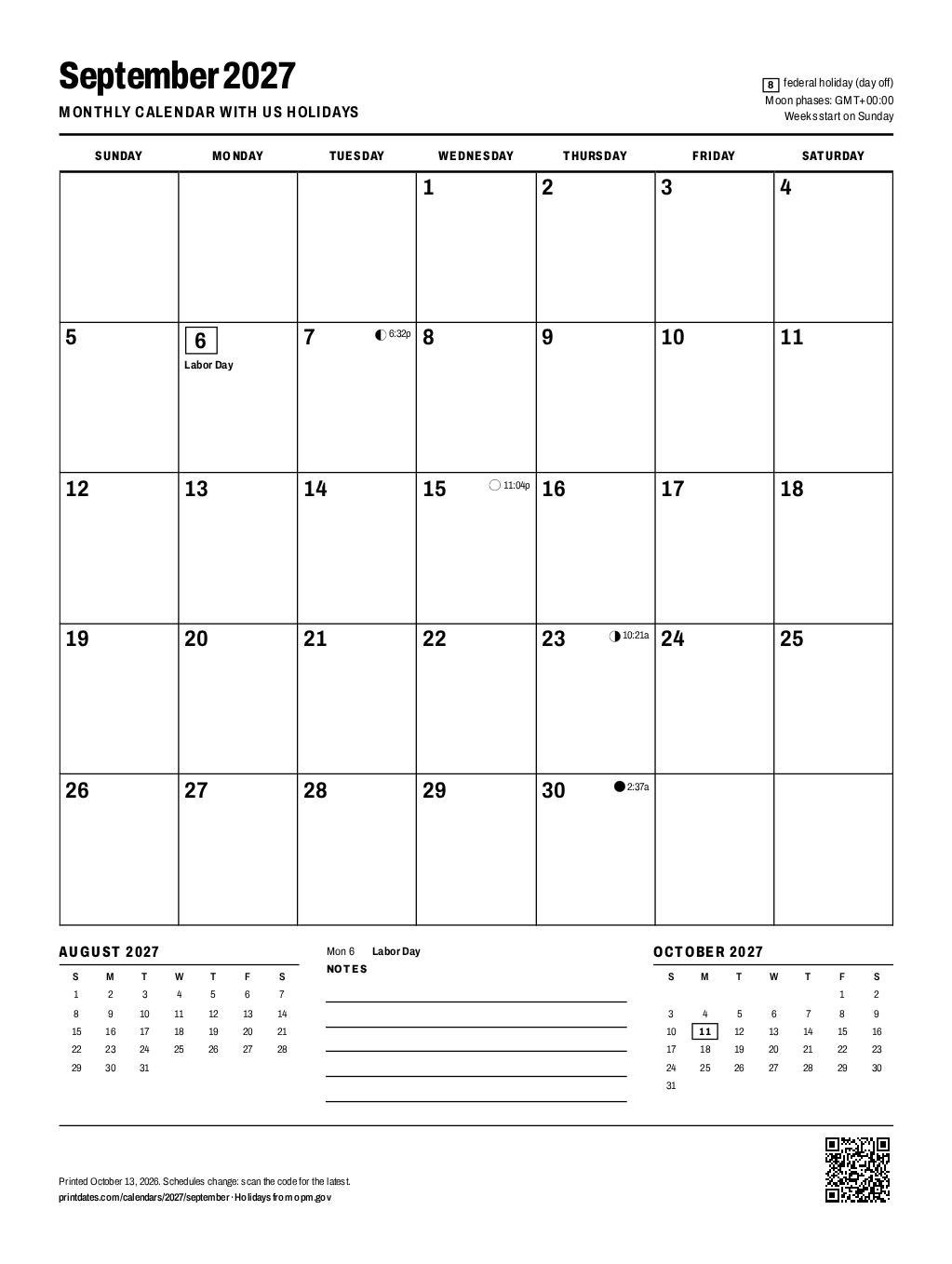 September 2027 calendar: one printable page with room to write