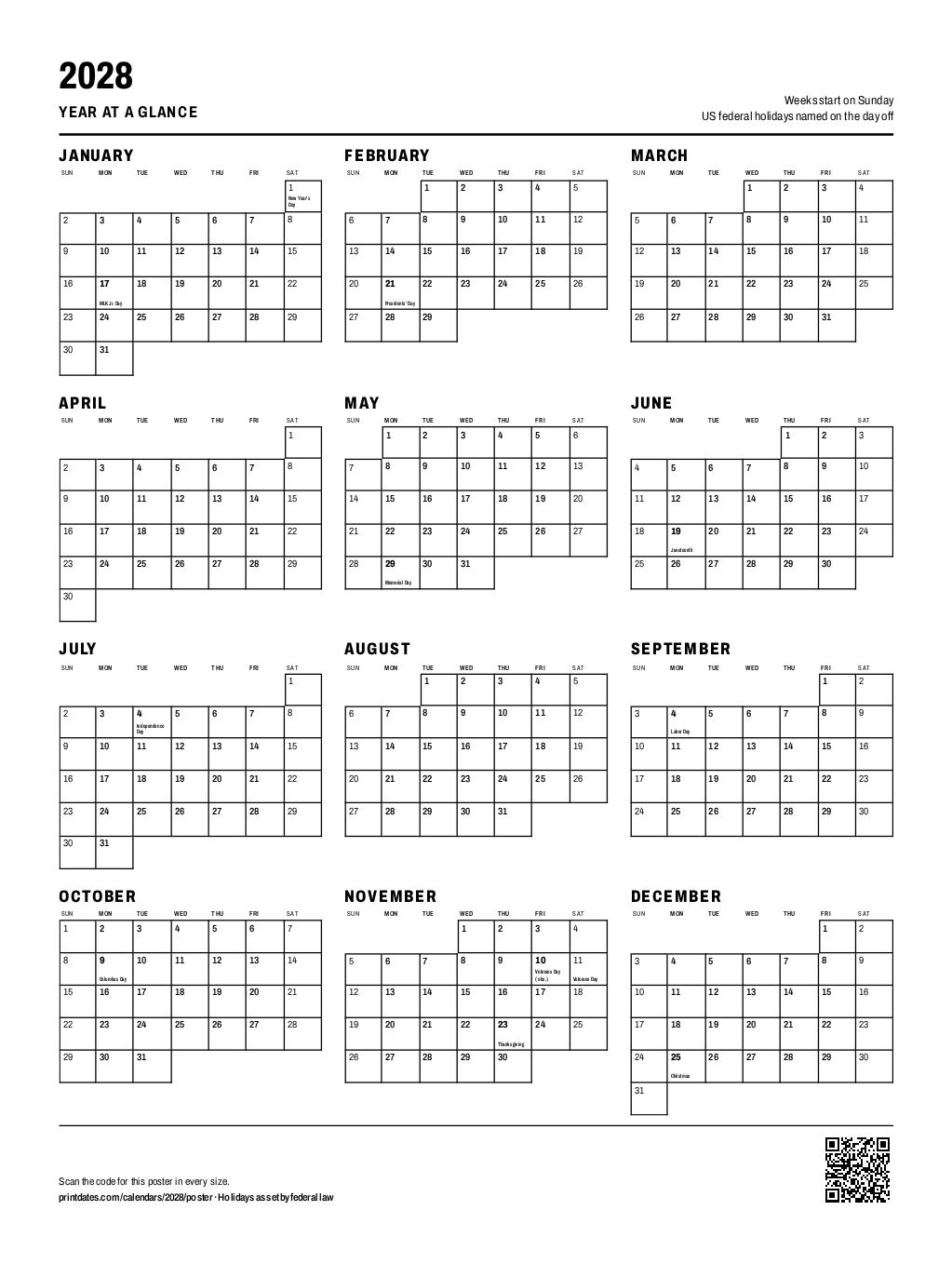 2028 year-at-a-glance wall poster: 12 months with room to write, weeks from Sunday