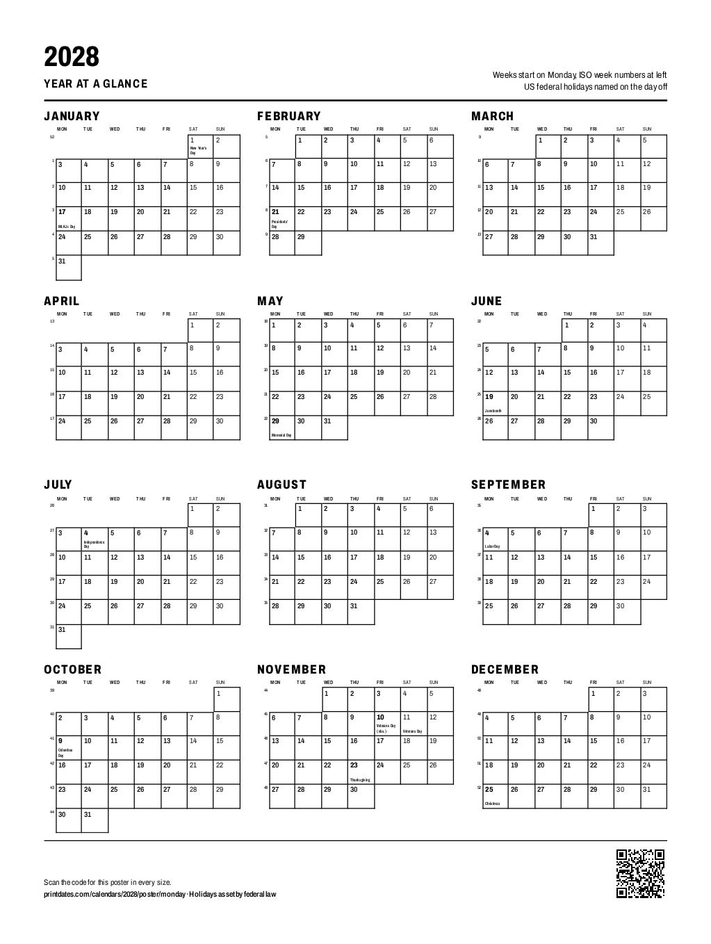 2028 year-at-a-glance wall poster: 12 months with room to write, weeks from Monday