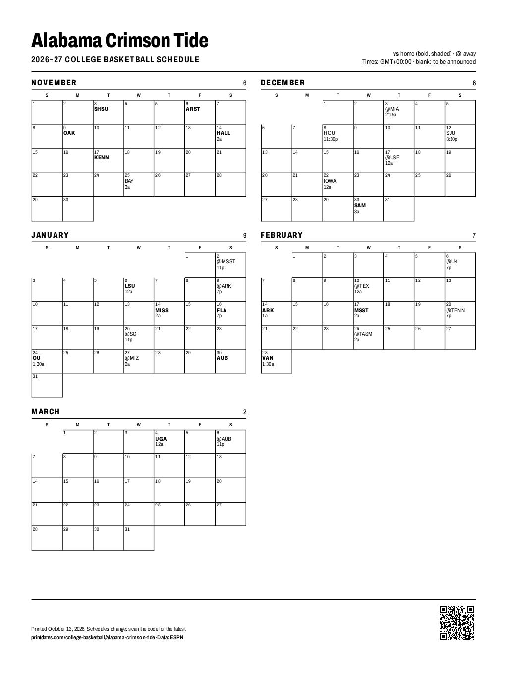 Alabama Crimson Tide basketball 2026–27 printable schedule, all 30 games on one page