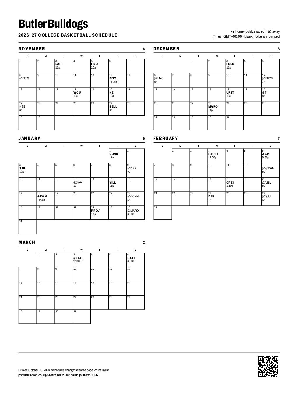Butler Bulldogs basketball 2026–27 printable schedule, all 32 games on one page