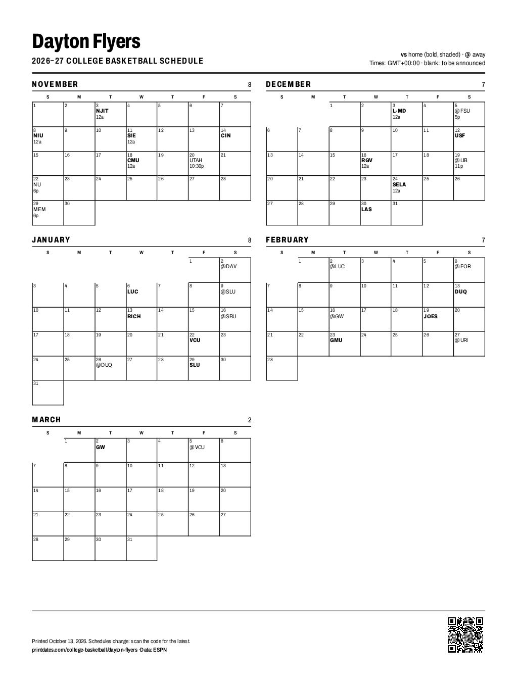 Dayton Flyers basketball 2026–27 printable schedule, all 32 games on one page
