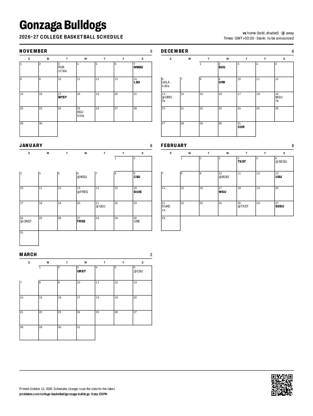 Gonzaga Bulldogs basketball 2026–27 printable schedule, all 29 games on one page