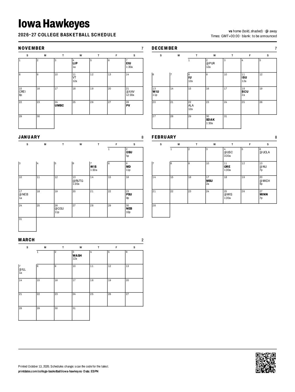 Iowa Hawkeyes basketball 2026–27 printable schedule, all 32 games on one page