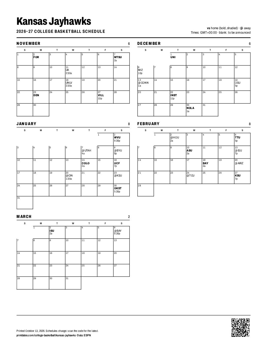 Kansas Jayhawks basketball 2026–27 printable schedule, all 30 games on one page