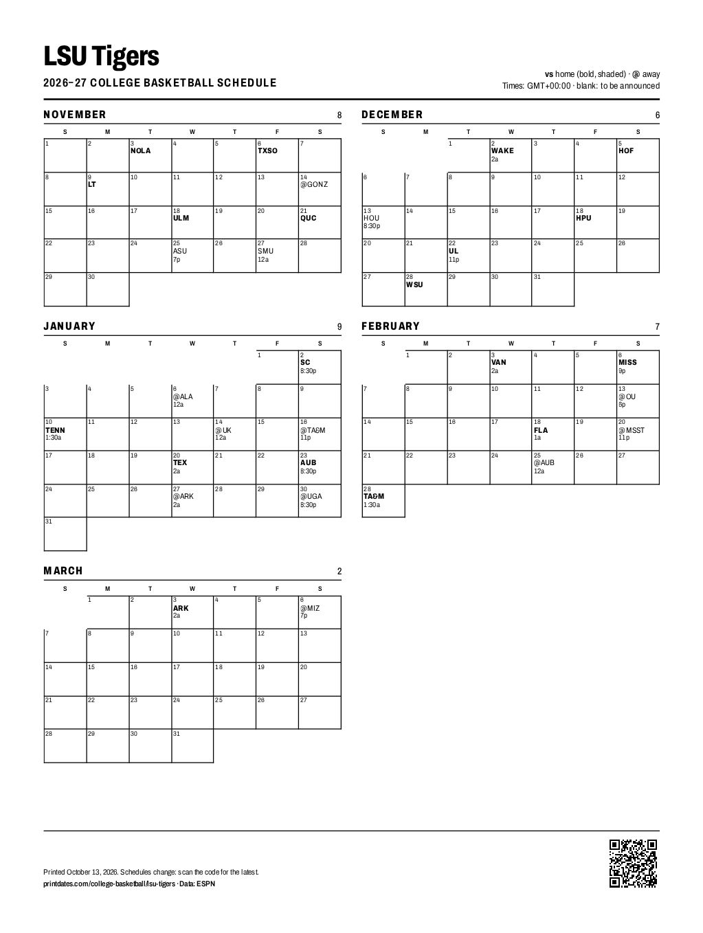 LSU Tigers basketball 2026–27 printable schedule, all 32 games on one page