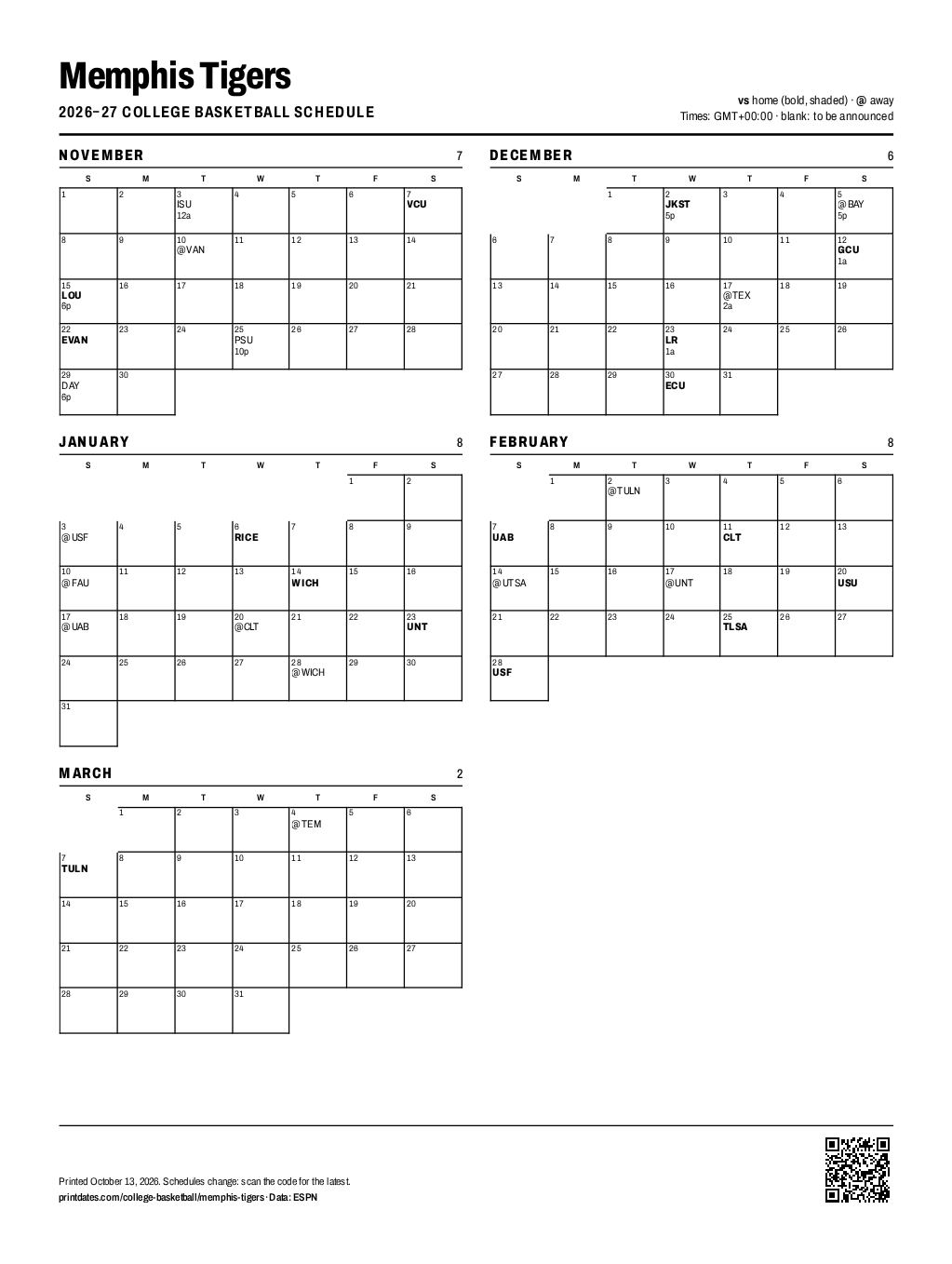 Memphis Tigers basketball 2026–27 printable schedule, all 31 games on one page