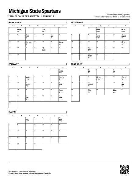 Michigan State Basketball Schedule 2026-27 Printable