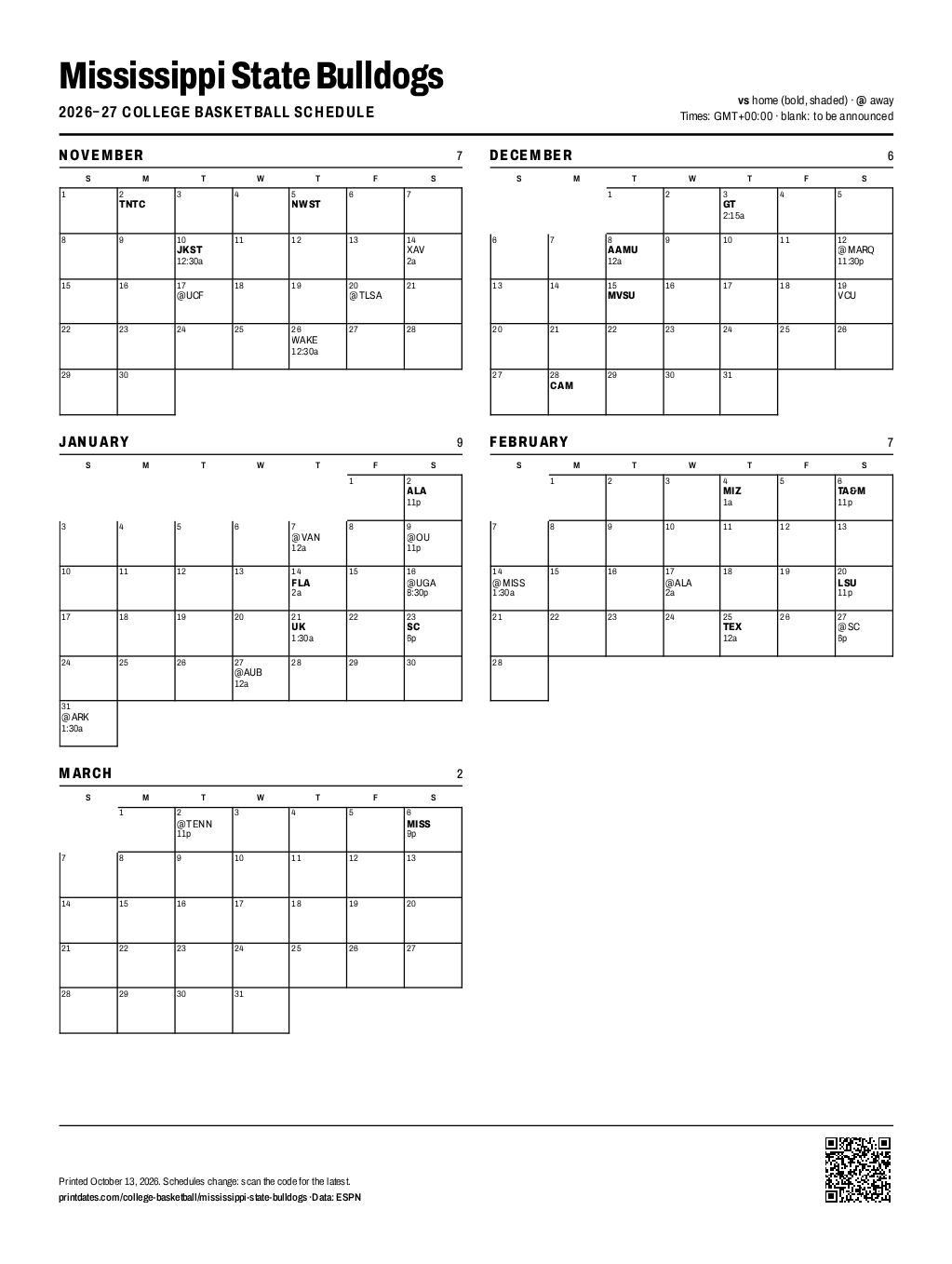 Mississippi State Bulldogs basketball 2026–27 printable schedule, all 31 games on one page