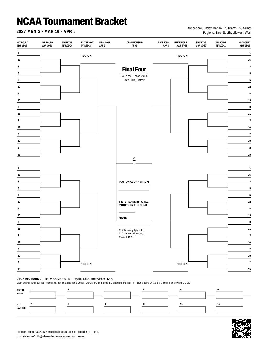 NCAA tournament bracket 2027: blank, 64 teams and the Opening Round on one printable page