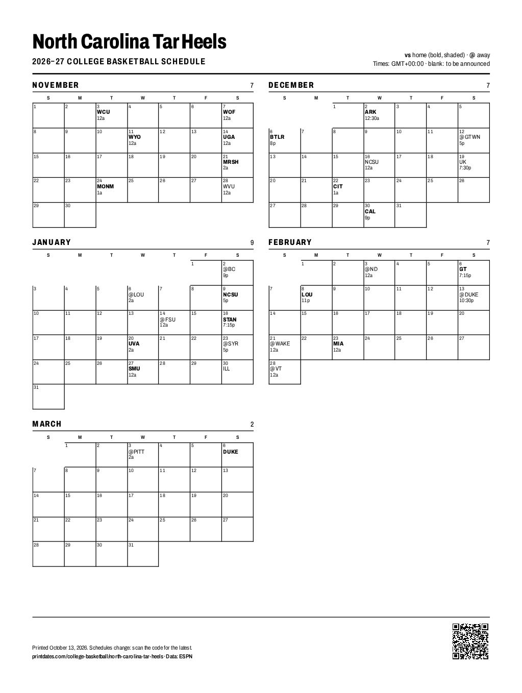 North Carolina Tar Heels basketball 2026–27 printable schedule, all 32 games on one page