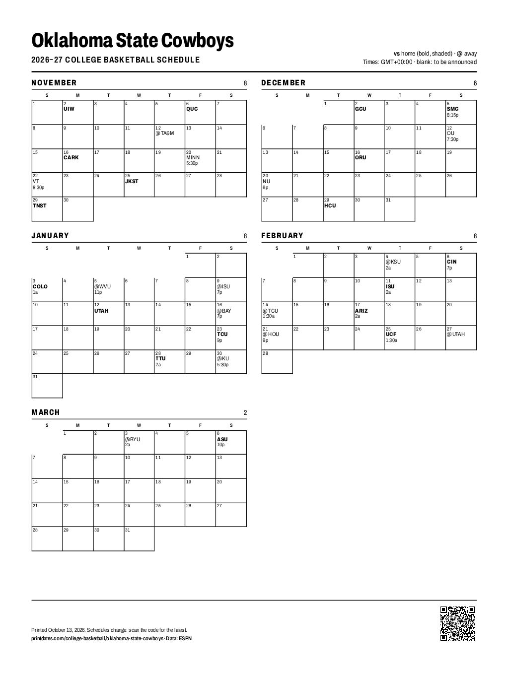 Oklahoma State Cowboys basketball 2026–27 printable schedule, all 32 games on one page