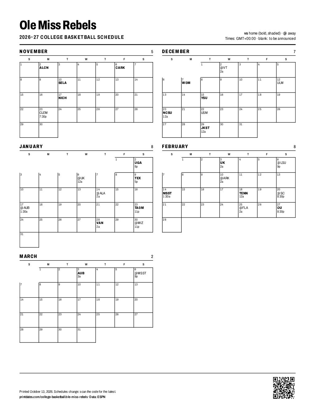 Ole Miss Rebels basketball 2026–27 printable schedule, all 30 games on one page