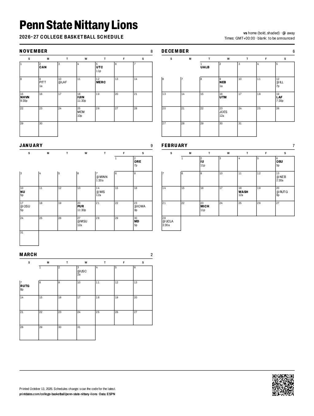 Penn State Nittany Lions basketball 2026–27 printable schedule, all 32 games on one page