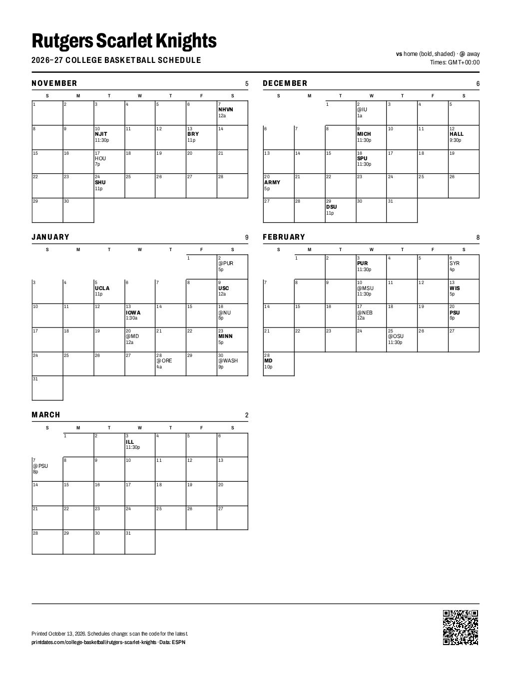 Rutgers Scarlet Knights basketball 2026–27 printable schedule, all 30 games on one page
