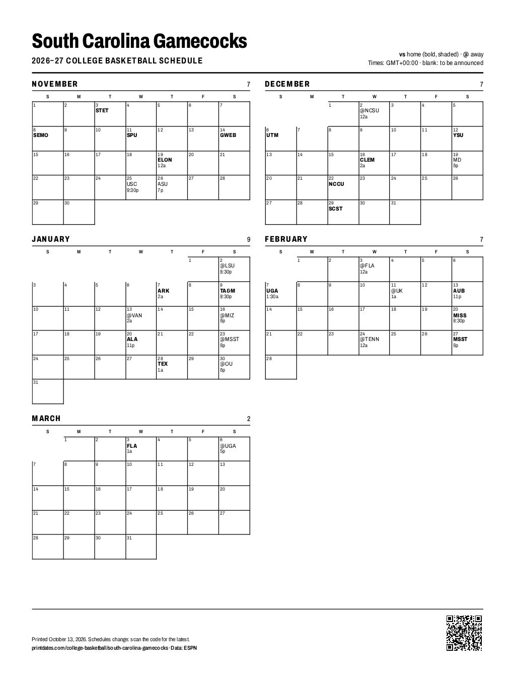 South Carolina Gamecocks basketball 2026–27 printable schedule, all 32 games on one page