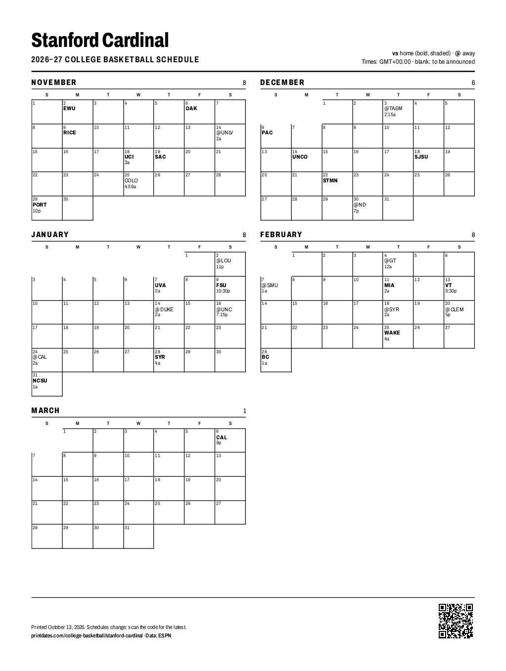 Stanford Cardinal basketball 2026–27 printable schedule, all 31 games on one page