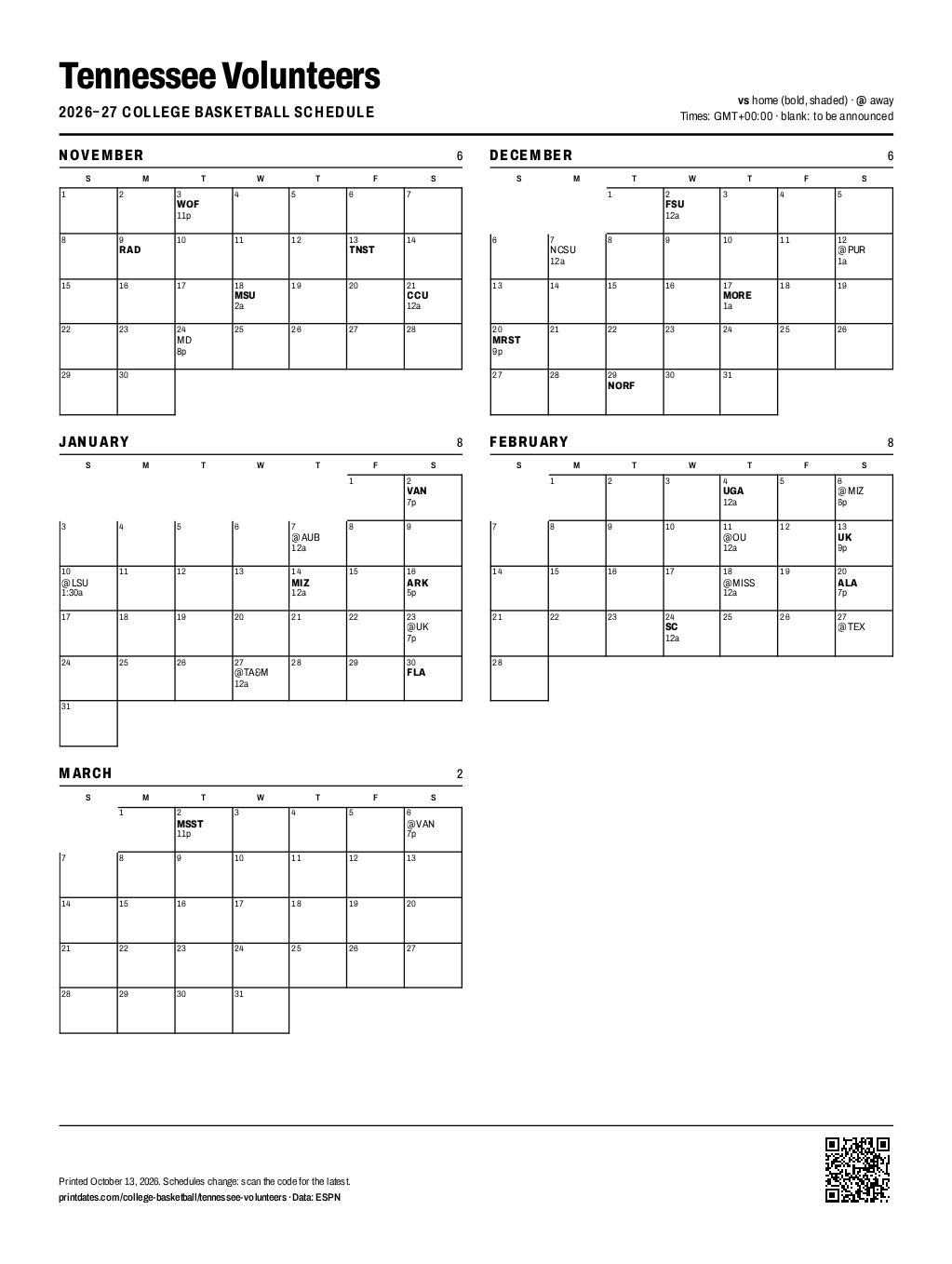 Tennessee Volunteers basketball 2026–27 printable schedule, all 30 games on one page