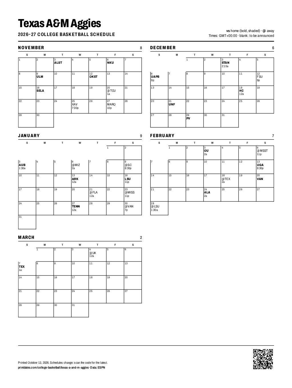Texas A&M Aggies basketball 2026–27 printable schedule, all 32 games on one page