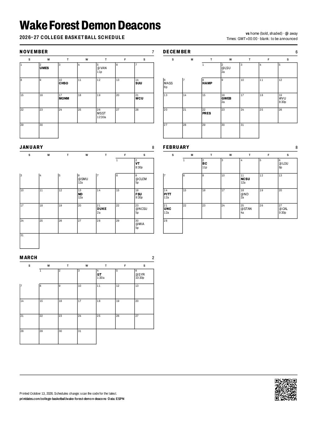Wake Forest Demon Deacons basketball 2026–27 printable schedule, all 31 games on one page