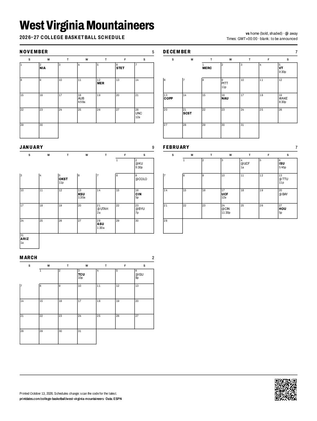 West Virginia Mountaineers basketball 2026–27 printable schedule, all 30 games on one page