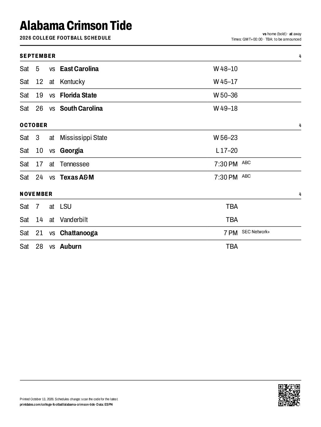 Alabama Crimson Tide football 2026 printable schedule, all 12 games on one page