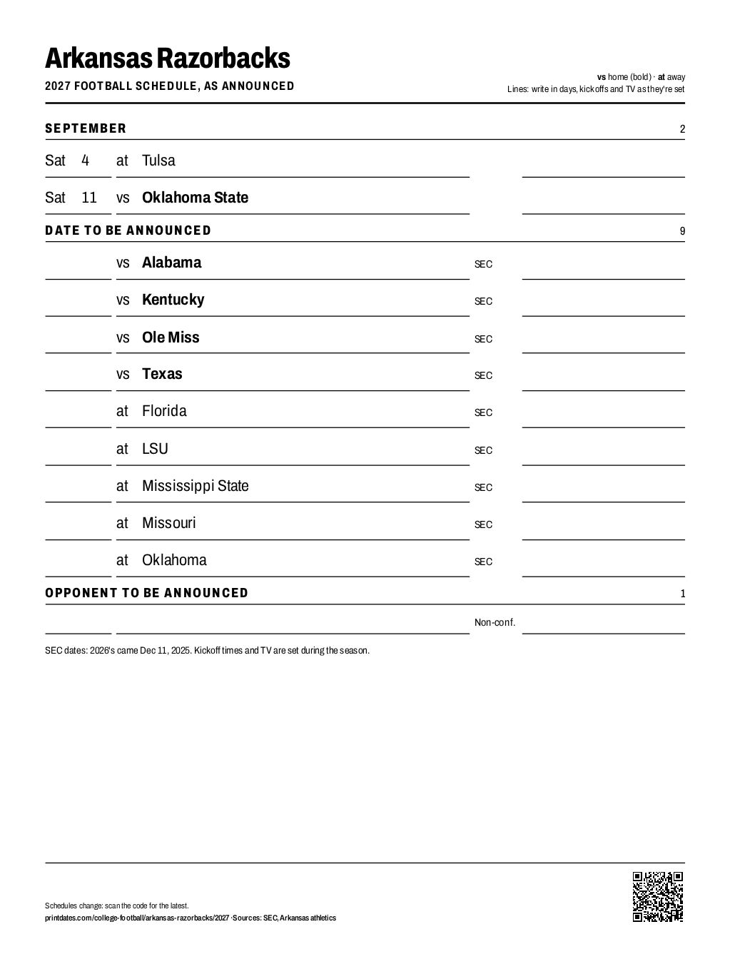 Arkansas Razorbacks 2027 football schedule printable: 2 of 12 games dated so far, the rest to write in