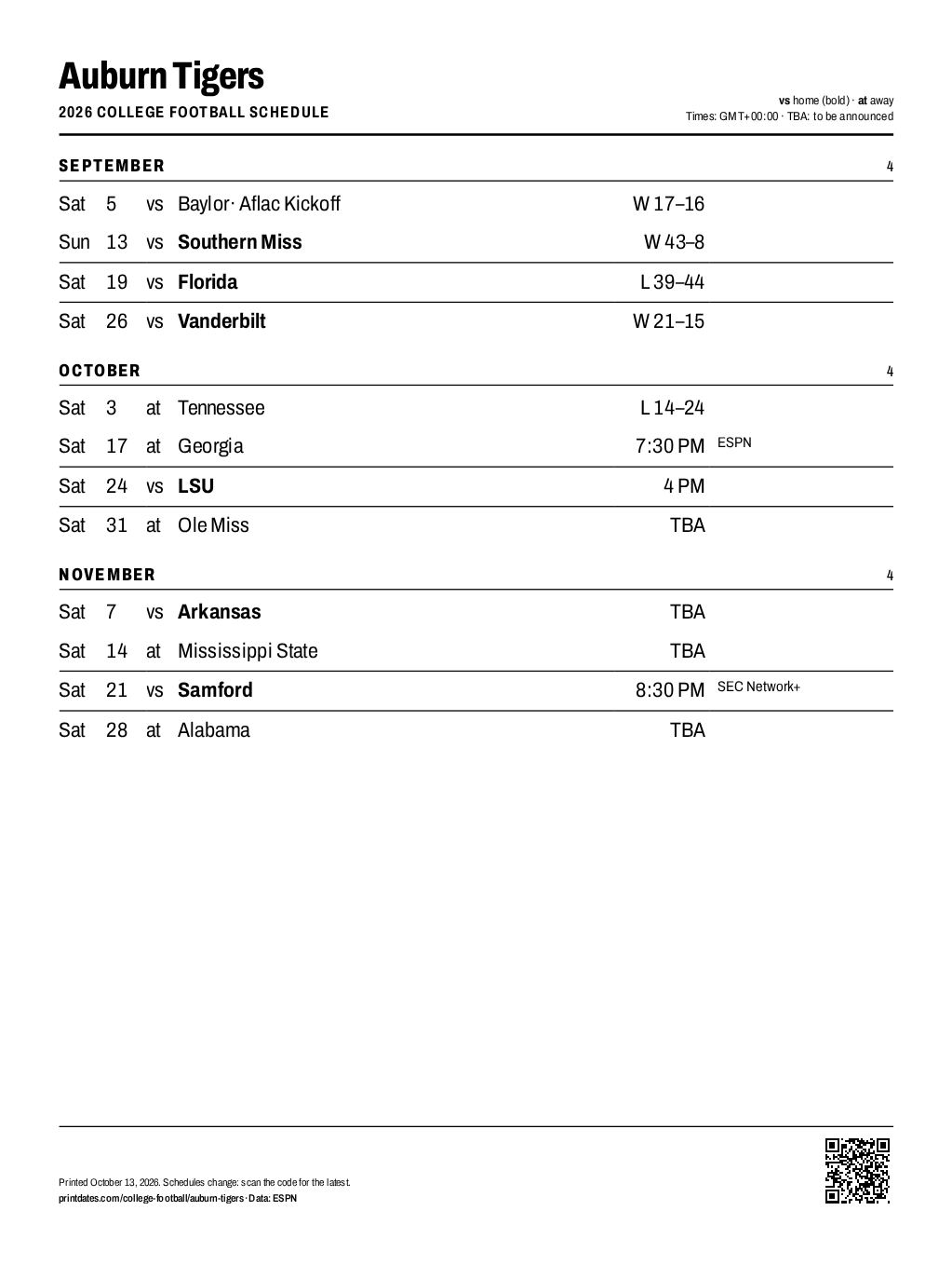 Auburn Tigers football 2026 printable schedule, all 12 games on one page