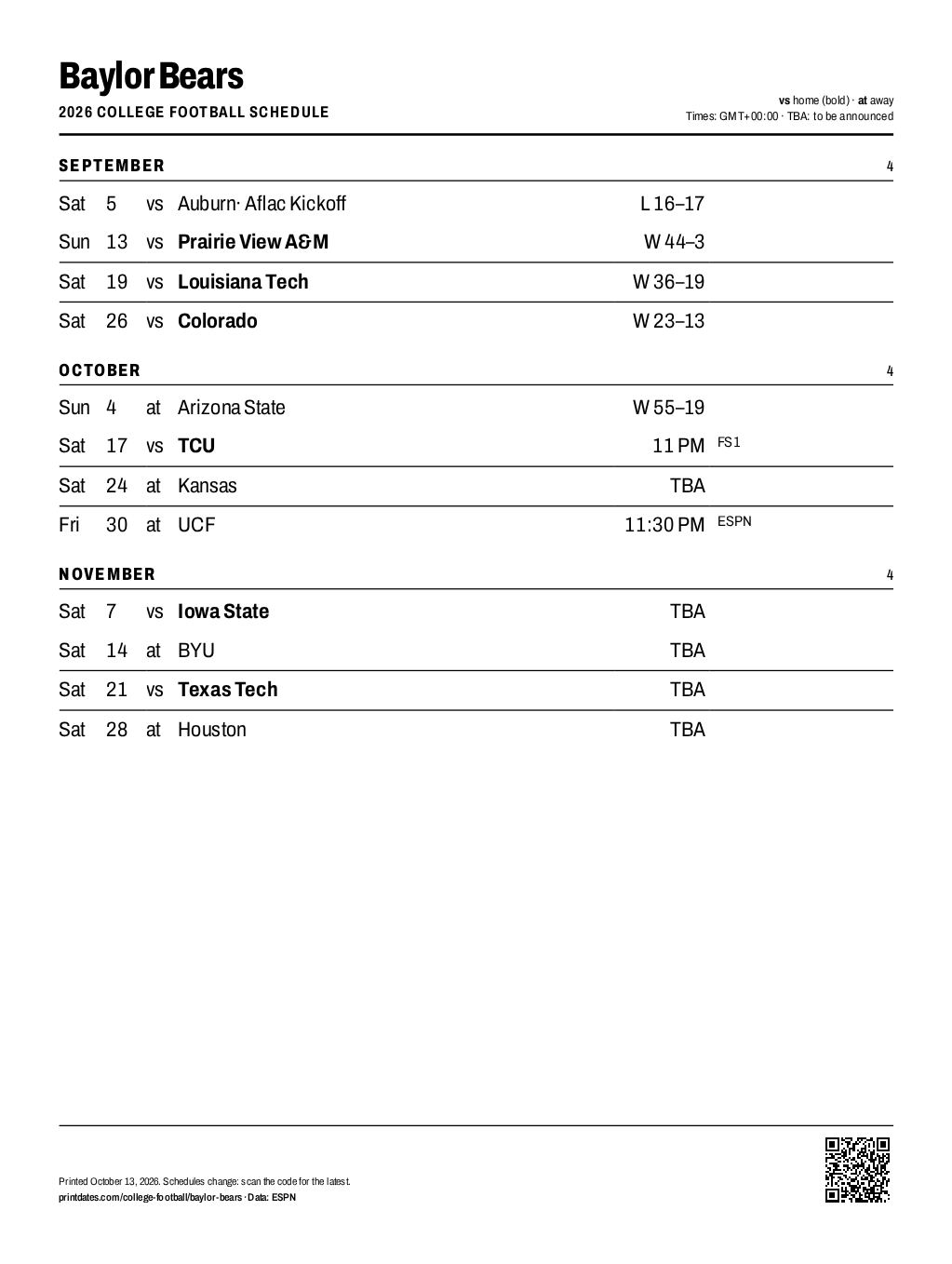 Baylor Bears football 2026 printable schedule, all 12 games on one page