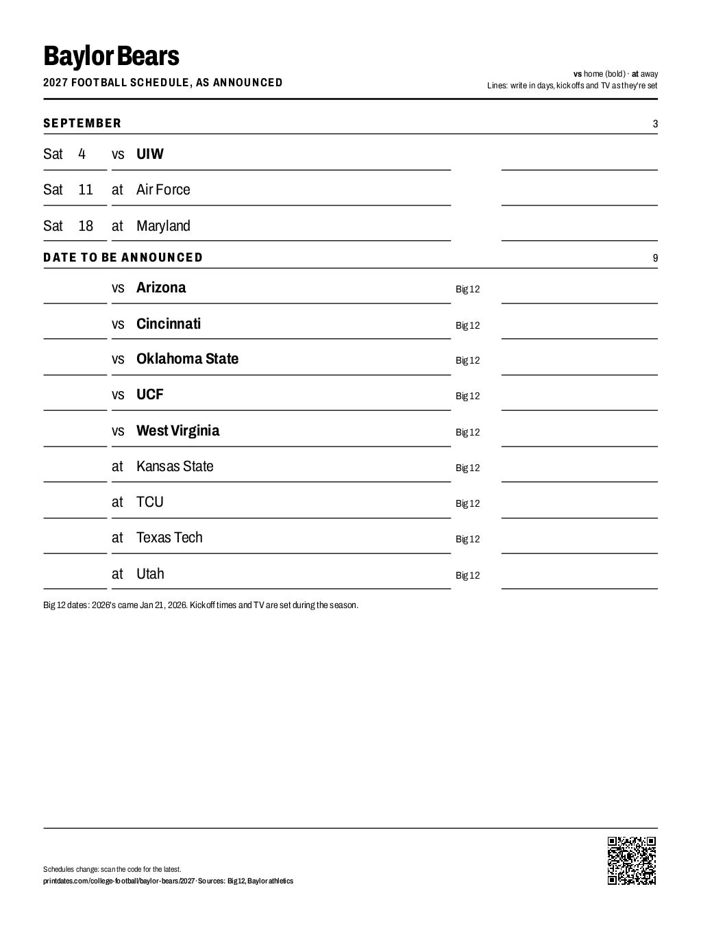Baylor Bears 2027 football schedule printable: 3 of 12 games dated so far, the rest to write in